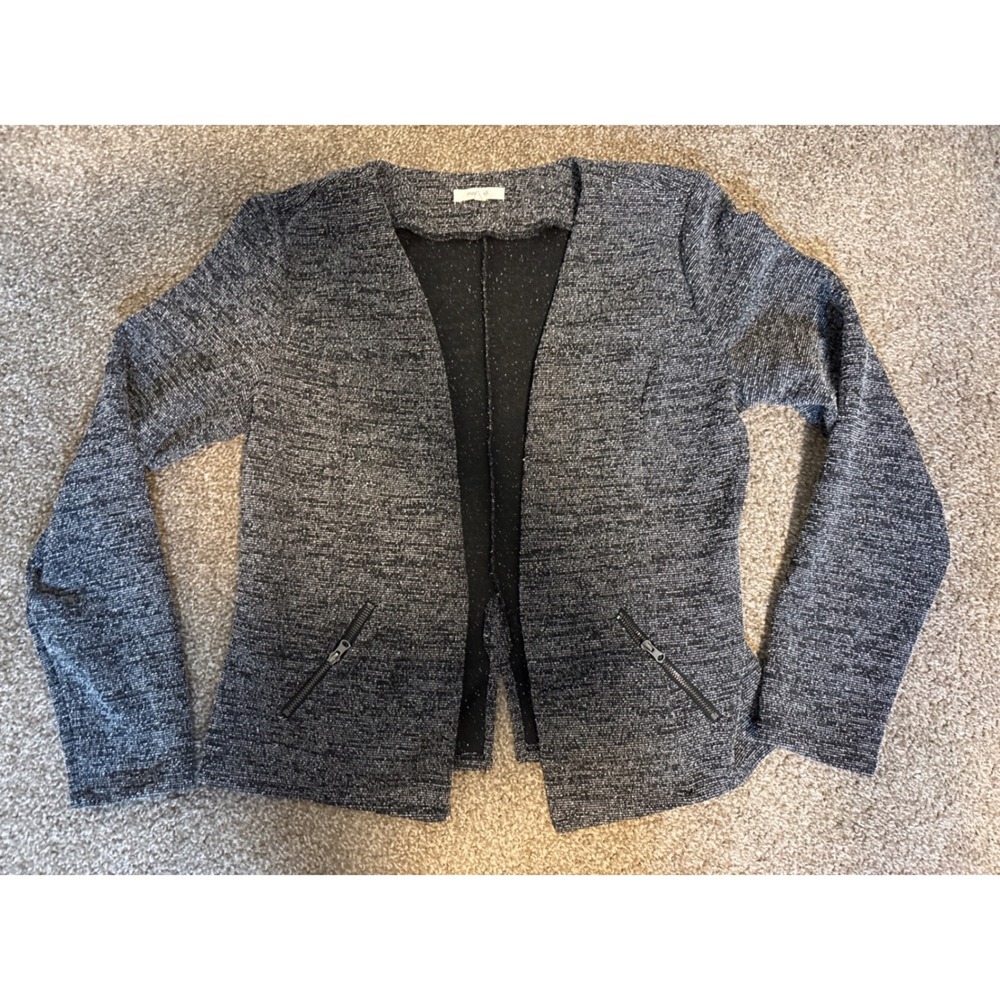 Maurices Blazer Jacket Womens M Black White Excellent Open Front Knit Zipper